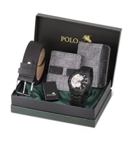 Polo Air Erkek Kol Saati Kemer Cüzdan Kartlık Çakmak Kombin Set Siyah Renk PL-0790E (Siyah-Gri)