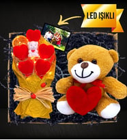 Fotoğraflı Led Işıklı Ayıcıklı Kalp Buketi & Kalpli Peluş Ayıcık (Hardal)