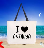 BK Gift I Love Antalya Renkli Kulp Kanvas Plaj Çantası 48x40m, Baskılı Omuz Çantası, Alışveriş Çantası (Siyah)