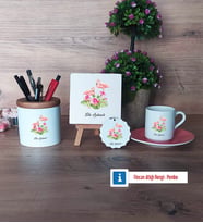 Flamingo Hediye Seti Dekoratif Taş, Kalemlik, Ahşap Altlıklı Türk Kahvesi Fincanı, Ahşap Anahtarlık HediyeArkadaşa Doğum Günü Hediyesi (Model 6)