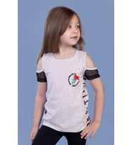 Toontoy Kız Çocuk Göğsü Nakışlı Tişört (Kahve Melanj)
