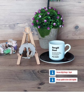Arkadaşa Hediye Türk Kahvesi Fincanı Ahşap Altlıklı ve Fotoğraflı Ahşap Anahtarlık Hediye (Model 7)