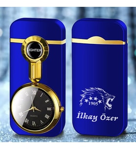 Kişiye Özel İsim Aslan Metal Rüzgar Geçirmez Saatli Gazlı Tasarım Çakmak (Mavi)