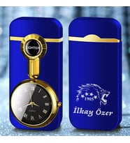 Kişiye Özel İsim Aslan Metal Rüzgar Geçirmez Saatli Gazlı Tasarım Çakmak (Mavi)