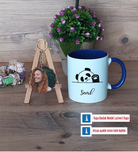 Sevimli Panda Kupa Bardak Beyaz ve Fotoğraflı Ahşap Anahtarlık Hediye (Model 3)