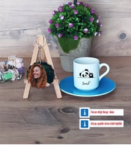 Sevimli Panda Türk Kahvesi Fincanı Ahşap Altlıklı ve Fotoğraflı Ahşap Anahtarlık Hediye (Model 5)
