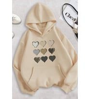 Unisex Oversize Kalp Baskılı Sweatshirt (Bej)