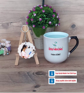Diş Hekimi Kupa Bardak Beyaz ve Fotoğraflı Ahşap Anahtarlık Hediye (Model 10)