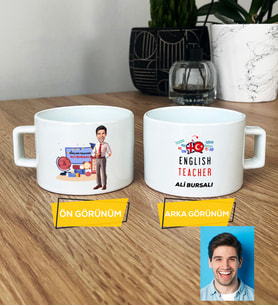 Kişiye Özel Karikatürlü İngilizce Öğretmeni Hediye Lüks Fincan Erkek İngilizce Öğretmenine Öğretmenler Günü Hediyesi (Beyaz)