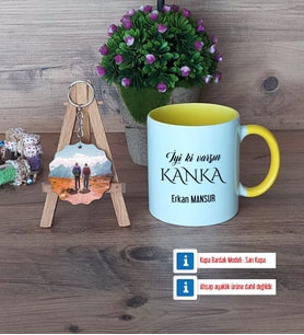 Kankaya Hediye Kupa Bardak Beyaz ve Fotoğraflı Ahşap Anahtarlık Hediye (Model 7)