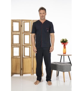 Estiva Erkek Önden Düğmeli Kısa Kollu Cepli Yazlık Penye Pijama Takımı (Lacivert)