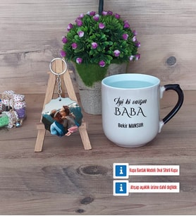 Babaya Hediye Kupa Bardak Beyaz ve Fotoğraflı Ahşap Anahtarlık Hediye (Model 10)