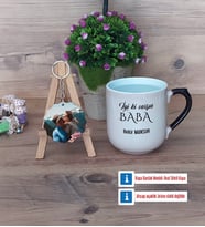 Babaya Hediye Kupa Bardak Beyaz ve Fotoğraflı Ahşap Anahtarlık Hediye (Model 10)
