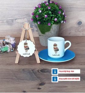 Baykuş Türk Kahvesi Fincanı Lacivert ve Ahşap Anahtarlık Hediye (Model 2)