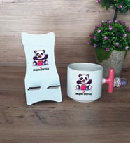 Sevimli Panda Hediye Sepeti Kupa Bardak T Kulplu ve Ahşap Telefon Standı Arkadaşa Sevgiliye Hediye (Model 4)