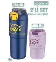 Vagonlife 2'li Çelik Termos-Kahve Bardağı Seti 750ML Çift Kullanım Termos//450ML Mug Kahve Bardağı (Lacivert-Mor)
