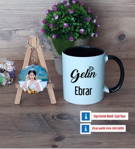 Gelin Kupa Bardak Beyaz ve Fotoğraflı Ahşap Anahtarlık Hediye (Model 11)