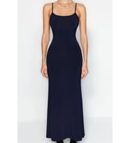 Moda Askılı Kare Yaka Maxi Elbise Mor Fitted Vücuda Oturan Askılı Maxi Esnek Örme Kalem Elbise (Laci (Lacivert)