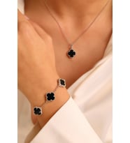 925 Ayar Gümüş Van Cleef 2 Lü Set Kolye Bileklik (ÖZEL KUTULU) (Siyah)