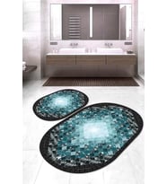 Dijital Baskılı Kaymaz Taban Yıkanabilir Oval 2'li Klozet Takımı Banyo Paspası NOKZ-SD-1020 (Mavi)