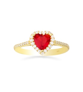 925 Ayar Gümüş Kırmızı Swarovski Kalp Yüzük (Gold)