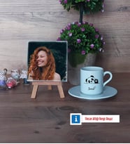 Sevimli Panda Fotoğraflı Dekoratif Taş, Ahşap Altlıklı Türk Kahvesi Fincanı Hediye (Model 2)