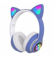 Pazariz Kart Girişli Led Işıklı Kablosuz Ve Kablolu Bluetooth Kedi Kulaklık  (Mavi)