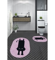 EVDEYA Dijital Baskılı Yıkanabilir Sevimli Kedi İkili Banyo Halısı Paspas Oval Klozet Takımı, OKLOZET-39-GRİ, (Pembe)