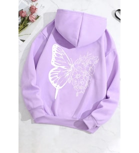 Unisex Drawing Butterflies Sırt Baskılı Sweatshirt (Lila)