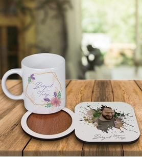 Kişiye Özel Tasarım Kupa Bardak Ve Fotoğraflı Ahşap Bardak Altlığı 99342 (Turuncu)