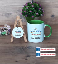 Sosyal Bilgiler Öğretmeni Kupa Bardak Kırmızı ve Ahşap Anahtarlık Hediye Öğretmenler Günü Hediyesi (Model 13)