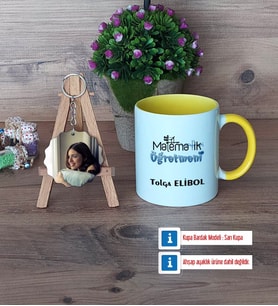 Matematik Öğretmeni Kupa Bardak Beyaz ve Fotoğraflı Ahşap Anahtarlık Hediye Matematik Öğretmenine Hediye (Model 7)