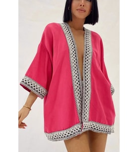 Kadın Kısa Kol Nakış İşlemeli Keten Kimono (Pembe)