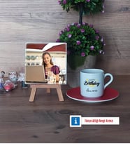 Happy Birthday Fotoğraflı Dekoratif Taş, Ahşap Altlıklı Türk Kahvesi Fincanı Hediye (Model 3)