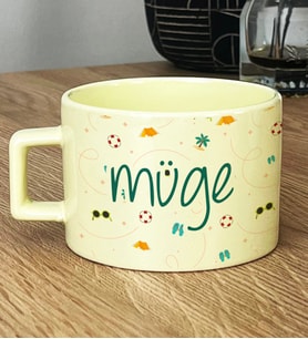 Kişiye Özel İsme Özel Hediye Pastel Fincan Yaz Temalı Desenli (Sarı)