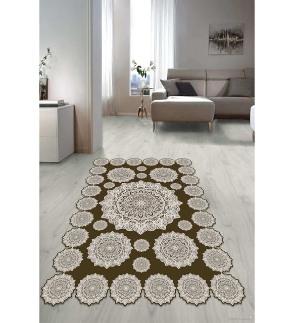 Dijital Baskılı Kaymaz Taban Yıkanabilir Lazer Kesim Salon Halısı Yolluk NLZR-SD-118 (Vizon)