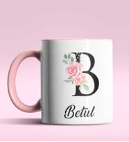 Kişiye Özel B Harfi Temalı Gül Tasarım Siyah Renk Kupa (Pembe)