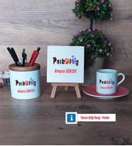 Psikolog Hediye Seti Dekoratif Taş, Kalemlik, Ahşap Altlıklı Türk Kahvesi Fincanı Hediye (Model 6)