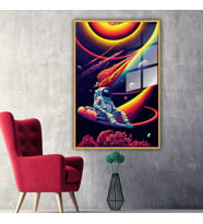 Metal Çerçeveli Temperli Cam Tablo Neon Renkli Uzay Boşluğu Astronot (Gold)