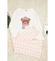 Tarz Rahat Uzun Kollu Geniş Paça %100 Pamuklu Ayıcık Baskılı Ekoseli Örme Pijama Takımı (Ekru)