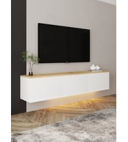 Neon LED Işıklı Duvara Monte, 3 Kapaklı TV Sehpası – 160 cm - Modern Tasarım, Beyaz/Safir Meşe