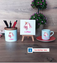 Unicorn Hediye Seti Dekoratif Taş, Kalemlik, Ahşap Altlıklı Türk Kahvesi Fincanı Hediye (Model 8)