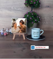 Anneye Doğum Günü Hediyesi Fotoğraflı Dekoratif Taş, Ahşap Altlıklı Türk Kahvesi Fincanı Hediye (Model 7)