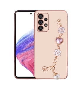 Samsung Galaxy A53 5G Kılıf El Askılı Tutamaçlı Kamera Korumalı Renkli Gold Kenar Silikon Kapak (Pembe)