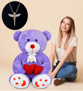 90 cm Çift Kalp Tutan Pelüş Ayı Yanında Melek Kolye Hediyeli (Model 6)