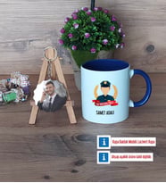Erkek Polis Kupa Bardak Beyaz ve Fotoğraflı Ahşap Anahtarlık Hediye (Model 3)