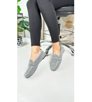 Günlük Kadın Loafer Peluş Astarlı Oval Alçak Desenli Tabanlı Ayakkabı 375 (Gri)