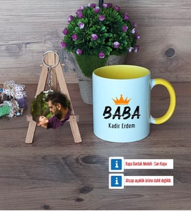 Babalar Günü Hediyesi Kupa Bardak Beyaz ve Fotoğraflı Ahşap Anahtarlık HediyeBabaya Hediye (Model 7)