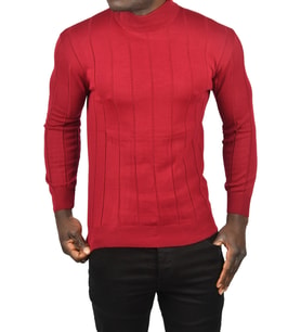 DeepSEA Erkek  Slim Fit Likralı Tüylenme Yapmayan Yarım Balıkçı Çizgili Triko Yarım Boğazlı Kazak 2505503 (Bordo)