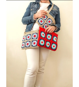 El Yapımı Kare Motifli Örgü Bej Çanta, Pamuklu & Astarlı El Yapımı Clutch,  Ayarlanabilir Askılı Motifli Çantalar, Çiçekli Örgü Çanta (Kırmızı)